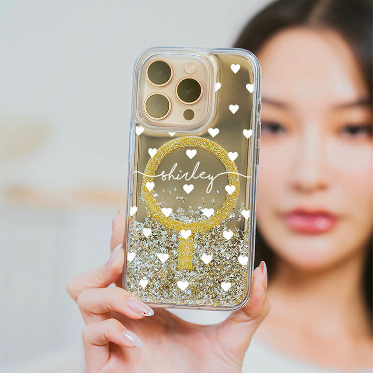 白色愛心 (MagSafe磁吸) 閃耀金鏡面殼 - (訂製名字) iPhone客製化手機殼