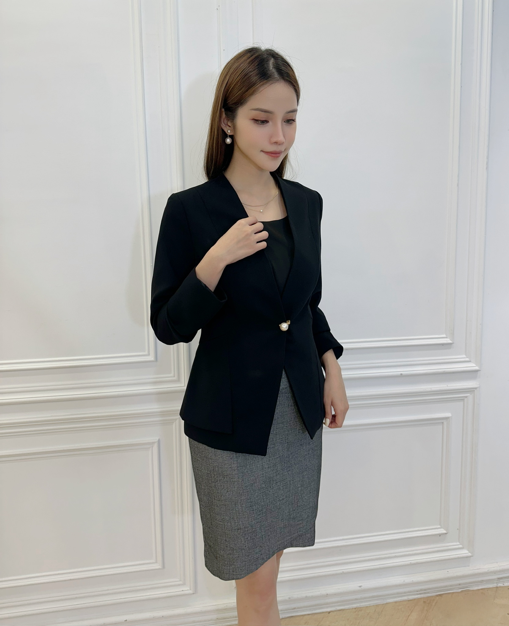 (職場必備)修身無領珍珠釦西裝外套