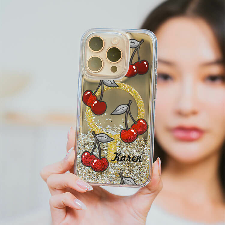 俏皮櫻桃 (MagSafe磁吸) 閃耀金鏡面殼 - (訂製名字) iPhone客製化手機殼