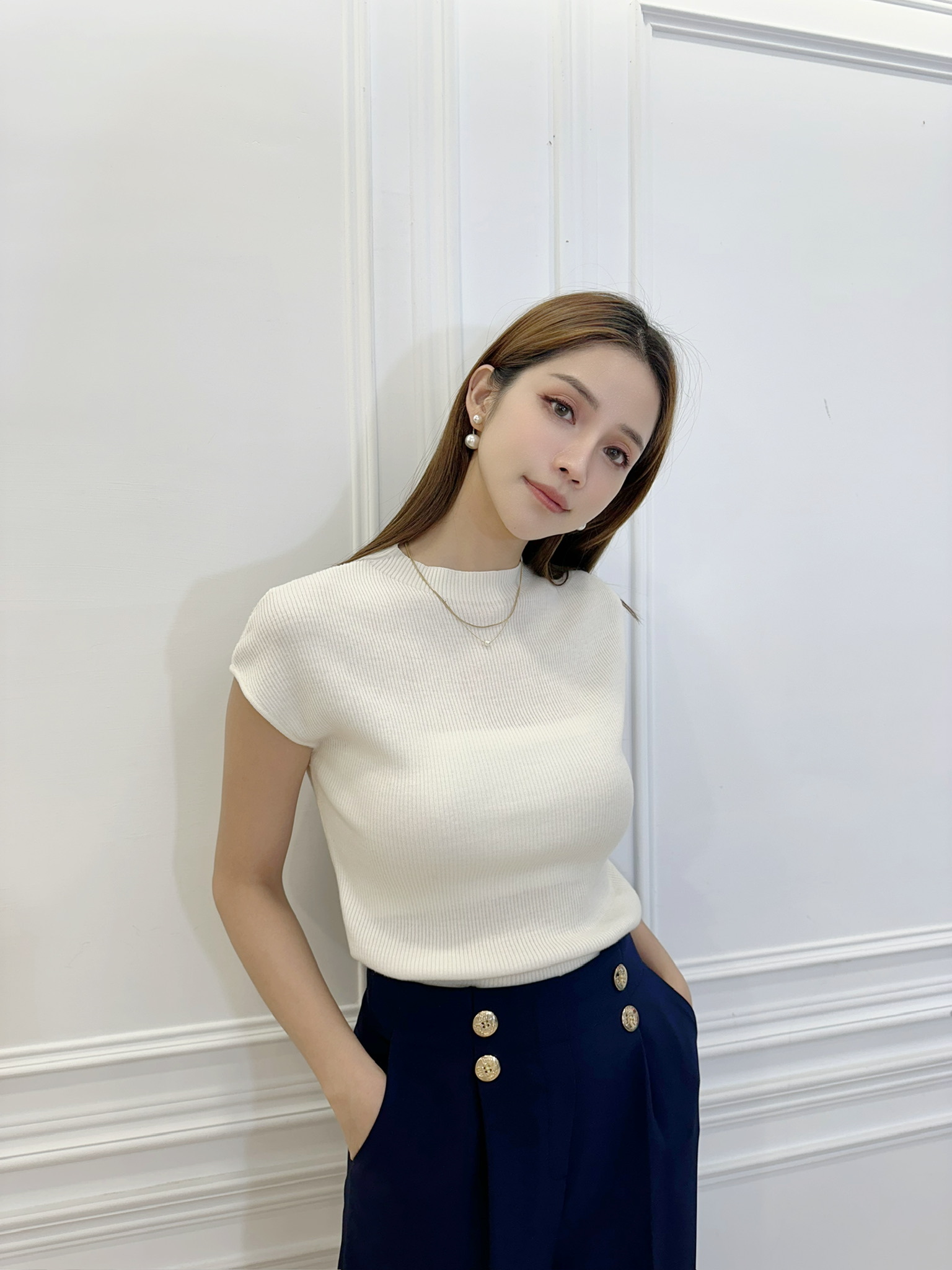 坑條半袖針織上衣