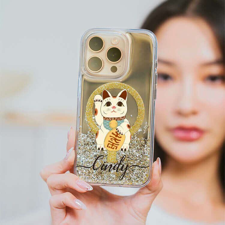 招財喵喵 (MagSafe磁吸) 閃耀金鏡面殼 - (訂製名字) iPhone客製化手機殼
