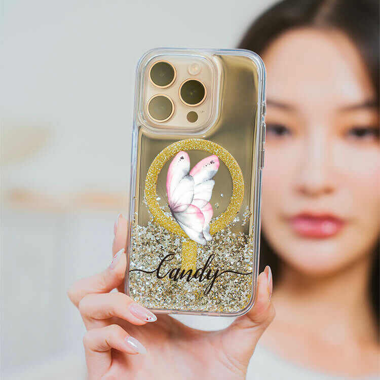 夢幻蝴蝶 (MagSafe磁吸) 閃耀金鏡面殼 - (訂製名字) iPhone客製化手機殼