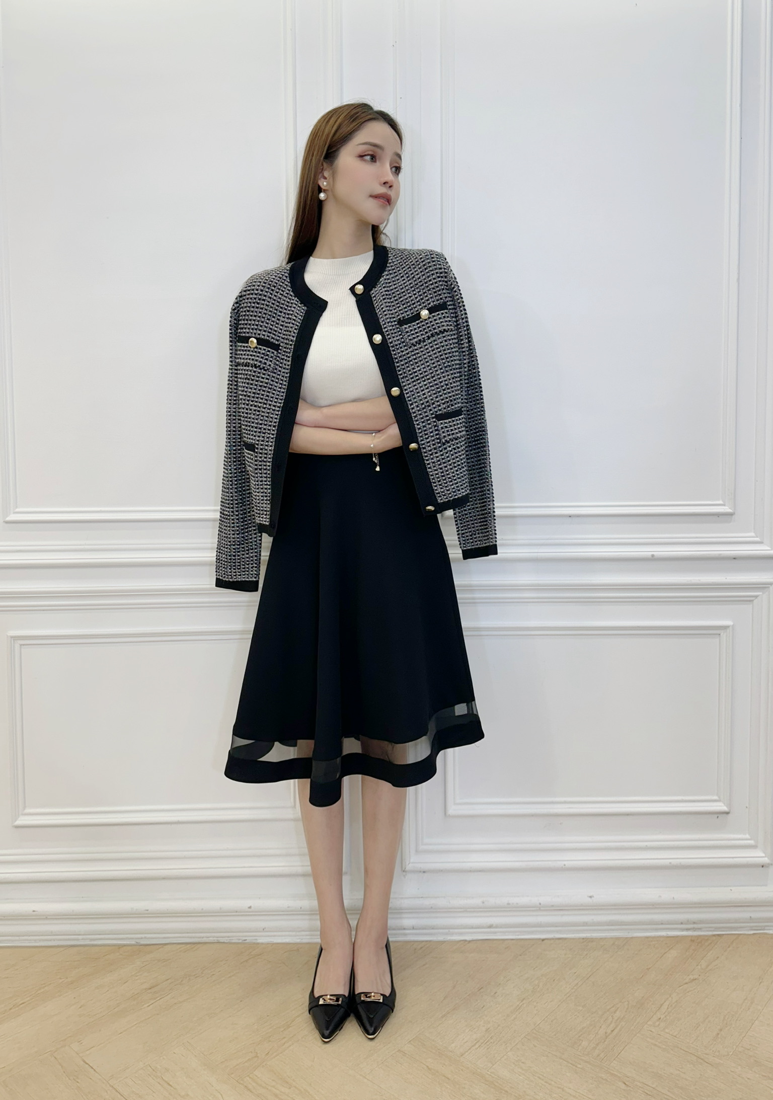 優雅金釦針織織紋開襟衫