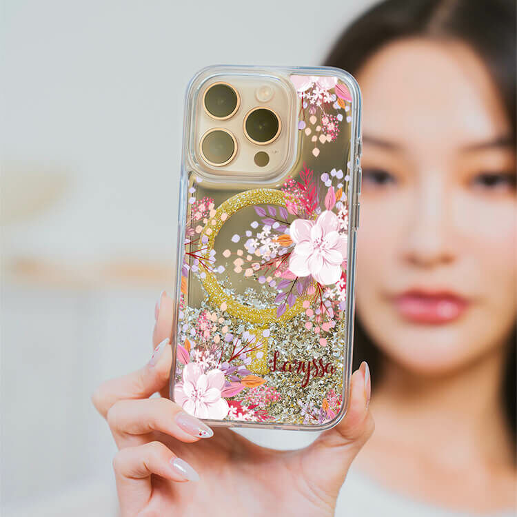 淡粉櫻花 (MagSafe磁吸) 閃耀金鏡面殼 - (訂製名字) iPhone客製化手機殼