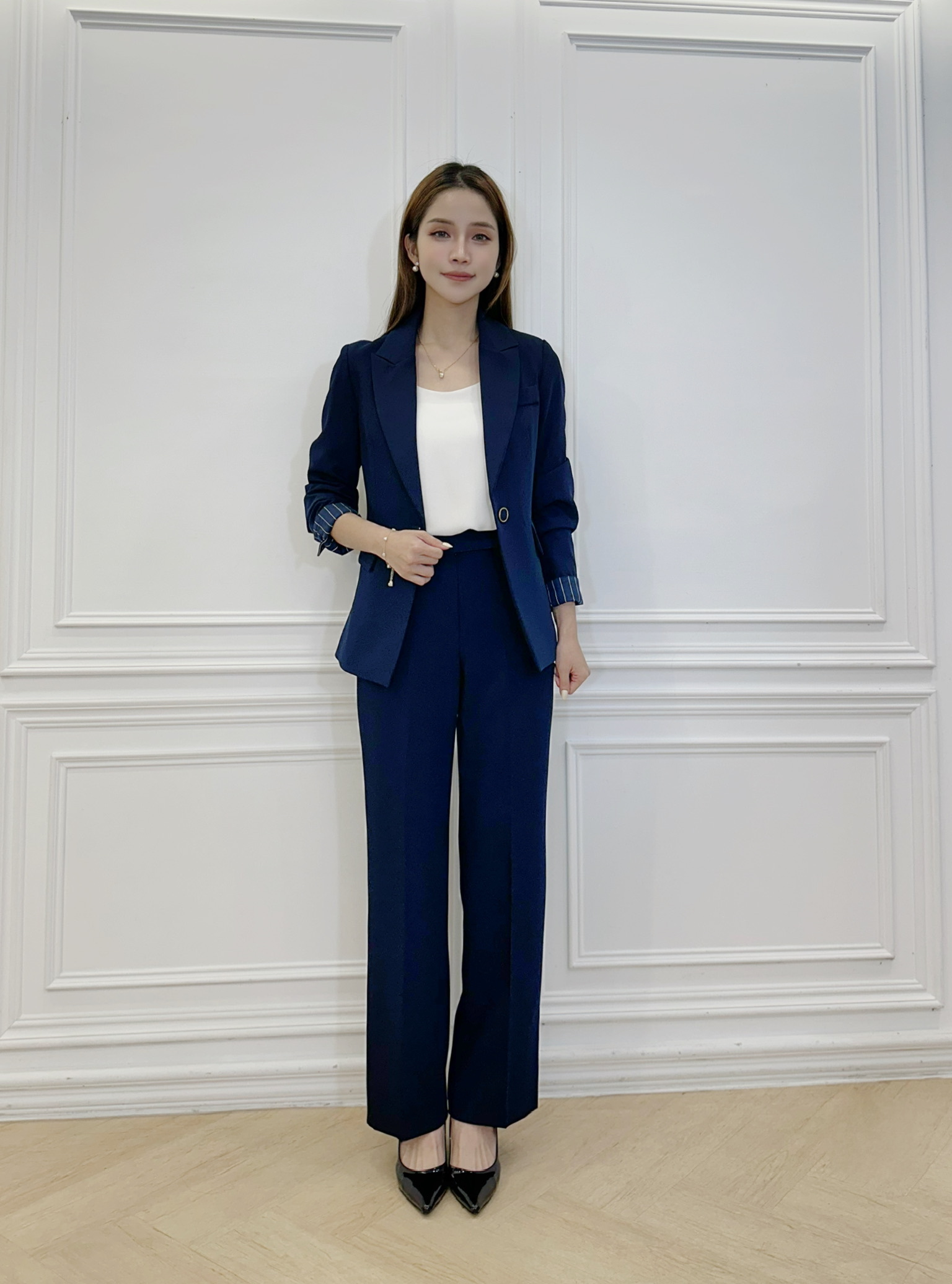 袖條紋單釦西裝套裝-深藍