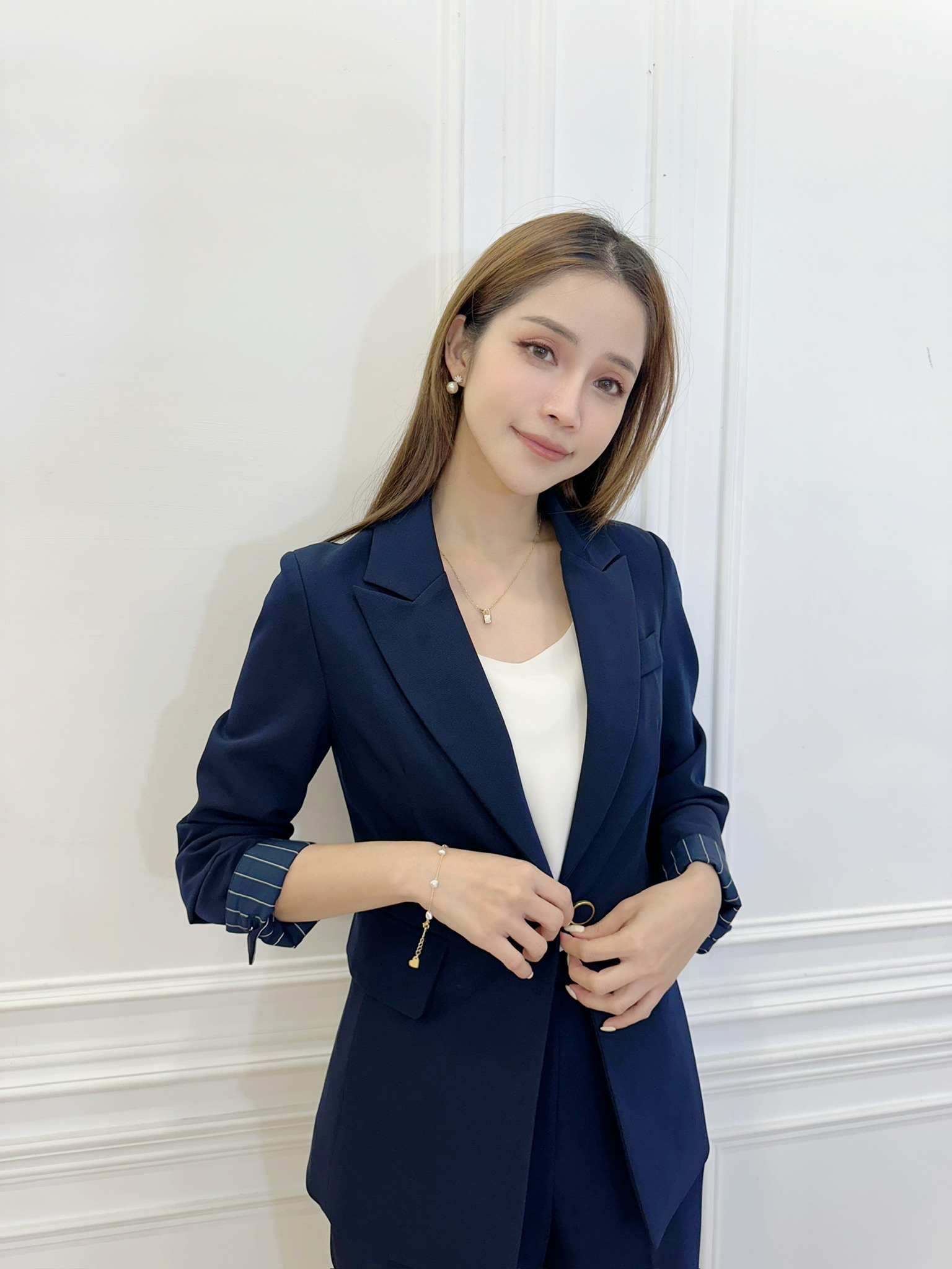 袖條紋單釦西裝套裝-深藍