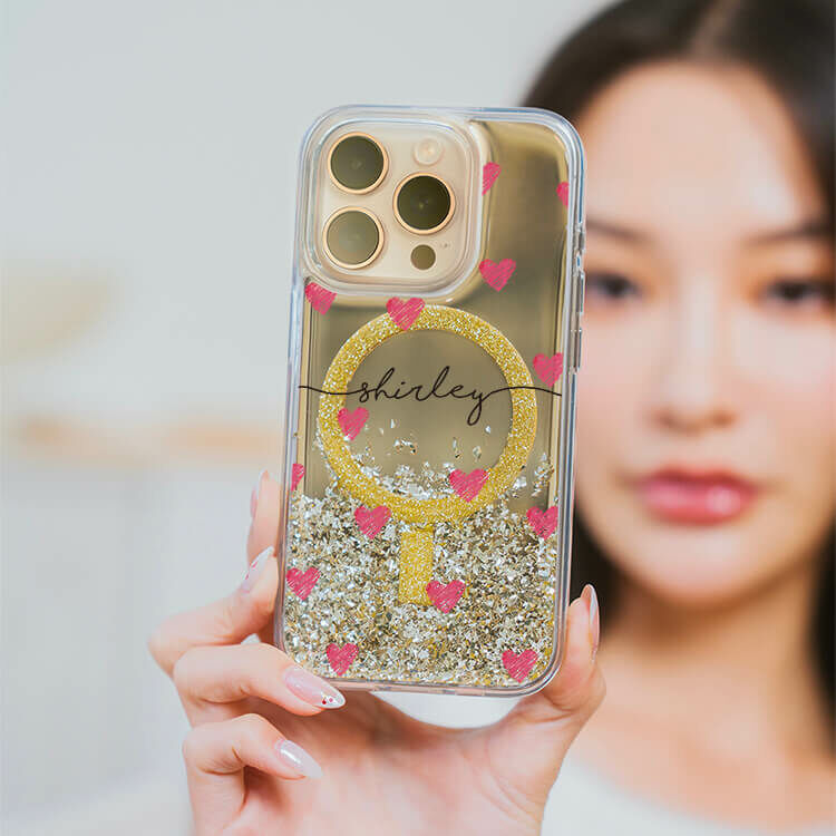塗鴉愛心 (MagSafe磁吸) 閃耀金鏡面殼 - (訂製名字) iPhone客製化手機殼