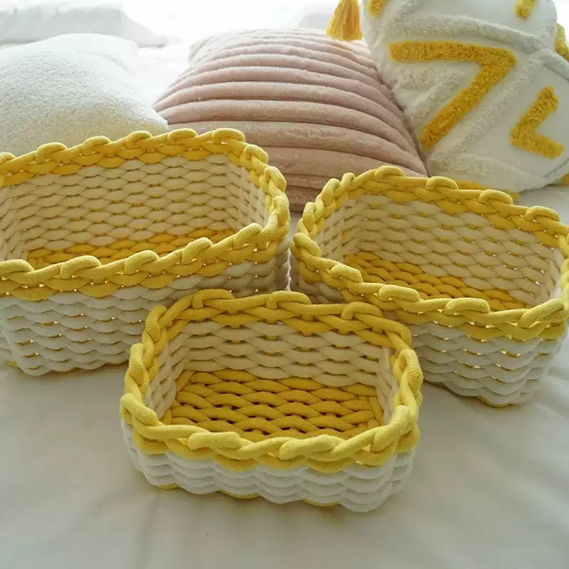 《5000》INS風手工編織粗棉繩拼色收納籃