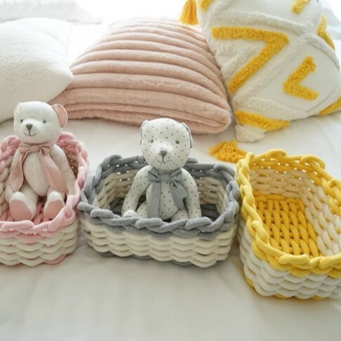 《5000》INS風手工編織粗棉繩拼色收納籃