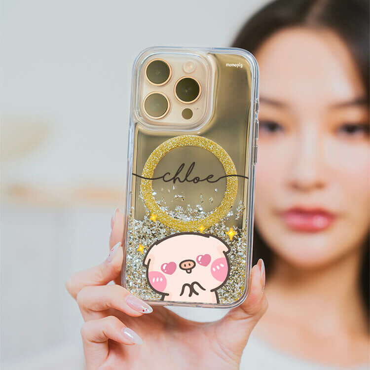 黑皮萌萌豬 (MagSafe磁吸) 閃耀金鏡面殼 - (訂製名字) iPhone客製化手機殼