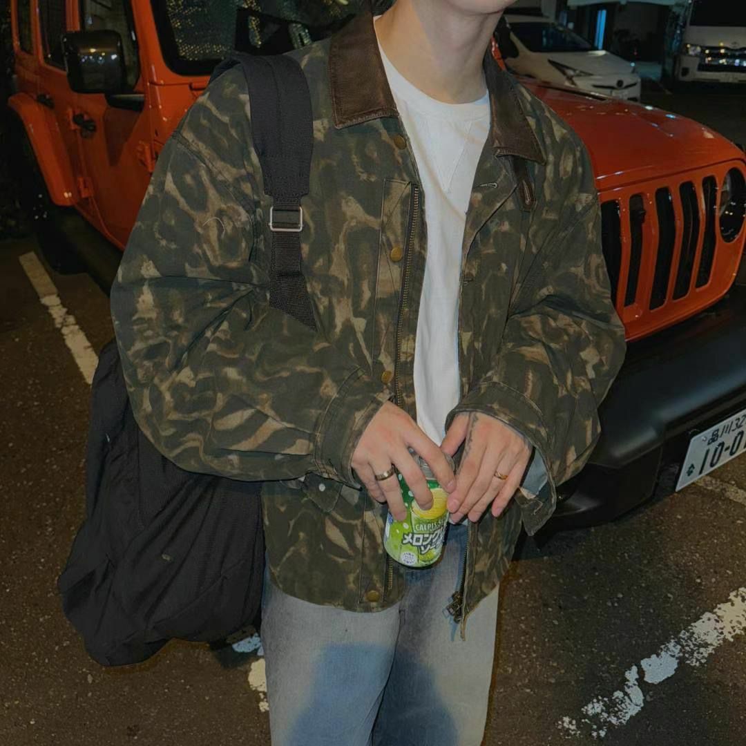 亂紋/淨色皮領拉鍊外套 taptaptap-061JK