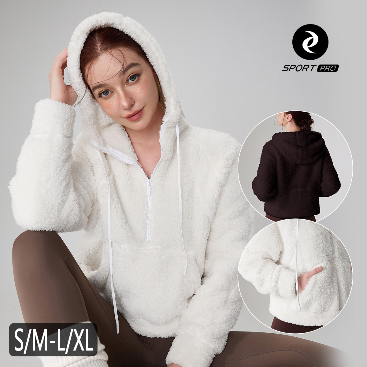 毛絨絨連帽抽繩前插口袋/運動/機能外套*