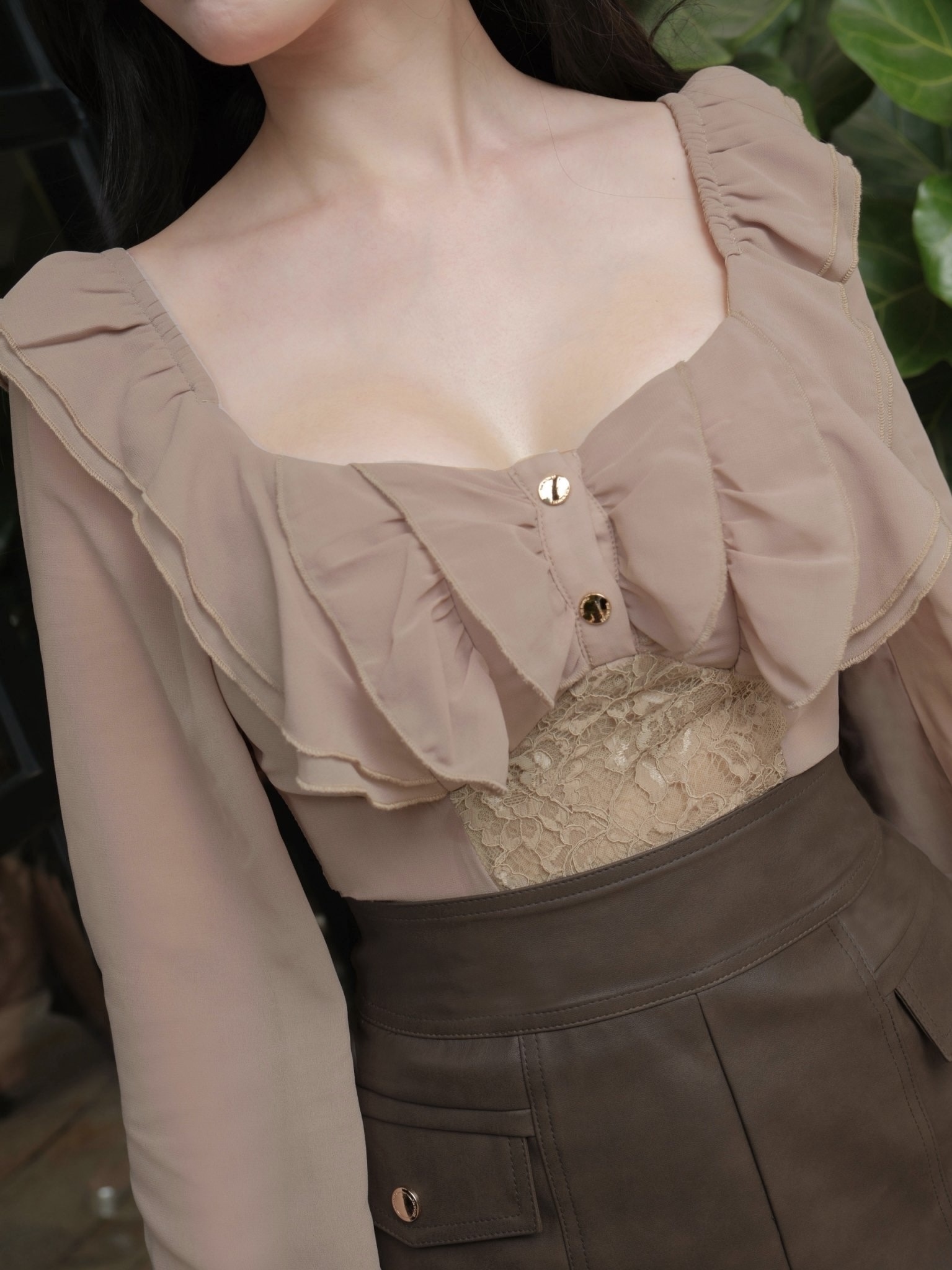 訂製-浪漫荷葉蕾絲雪紡上衣