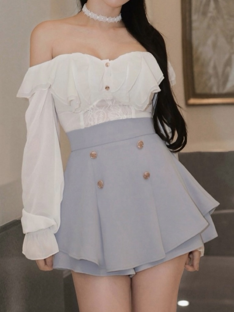 訂製-甜美金釦傘襬褲裙