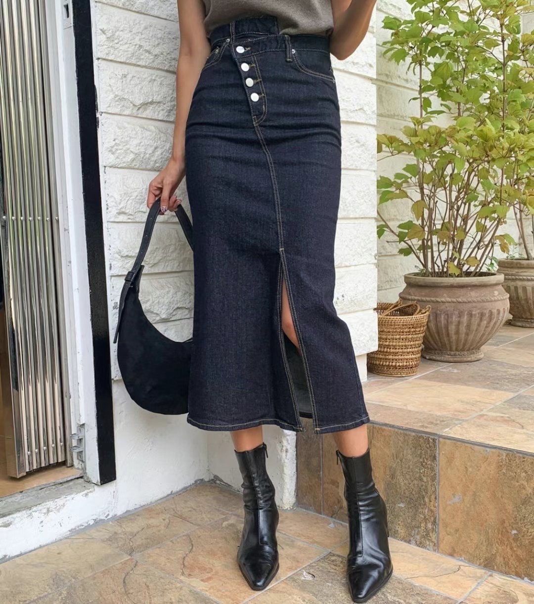5026斜釦牛仔魚尾長裙