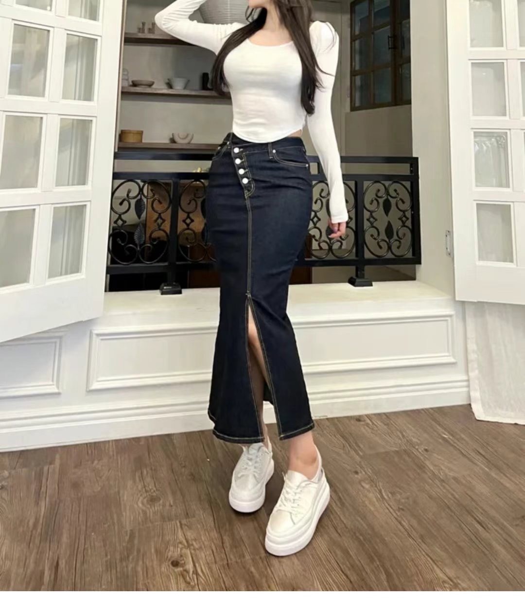 5026斜釦牛仔魚尾長裙