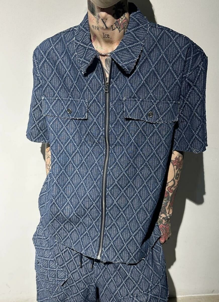 淨色菱紋拉鍊短袖恤衫 Crunky_youth-040S