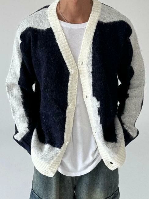 拼色V領開胸針織外套 JK2539