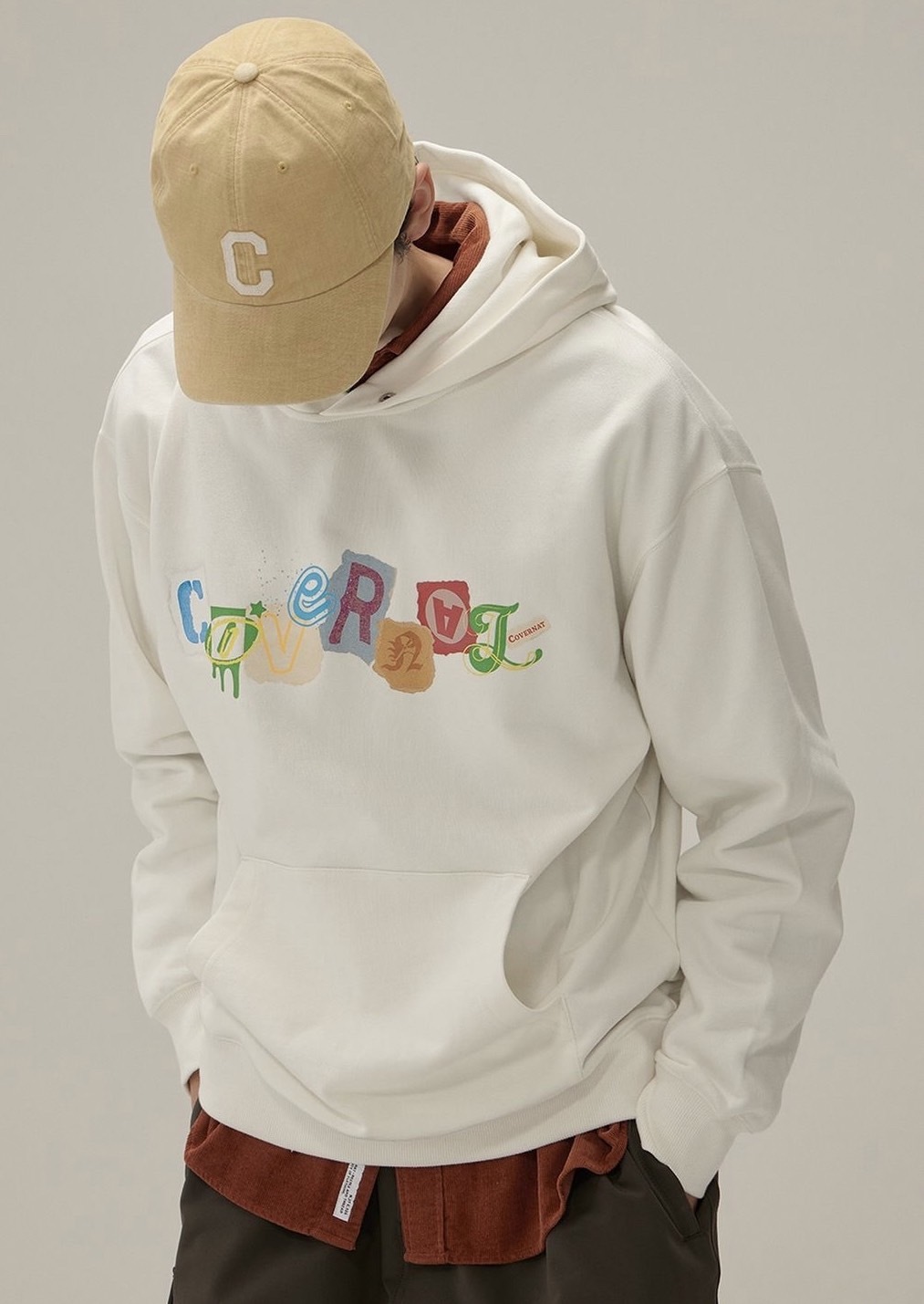 【預購】Covernat 拼貼 塗鴉 厚磅 刺繡 連帽 上衣 帽TEE 秋冬服飾 不分男女 米白 深藍