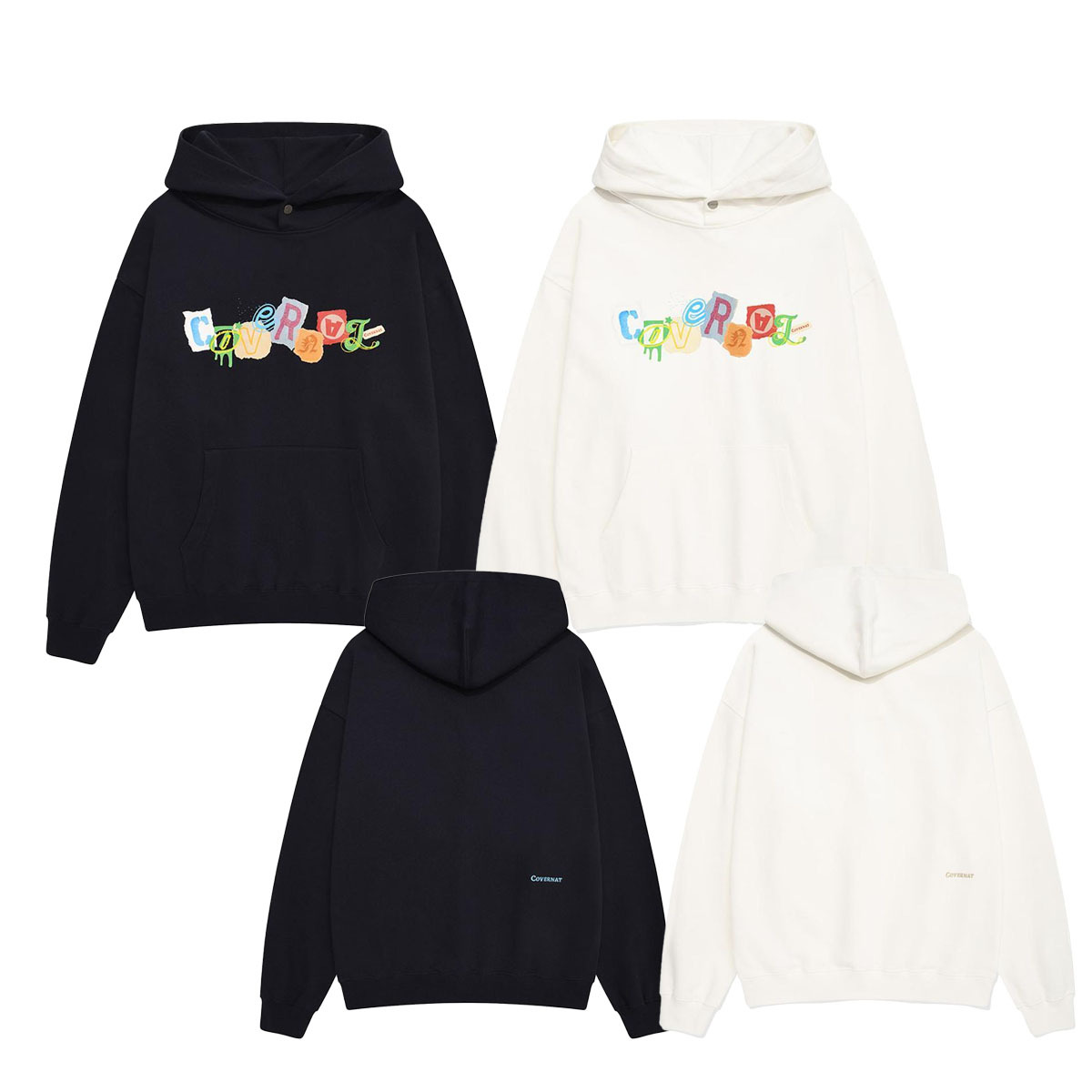 【預購】Covernat 拼貼 塗鴉 厚磅 刺繡 連帽 上衣 帽TEE 秋冬服飾 不分男女 米白 深藍