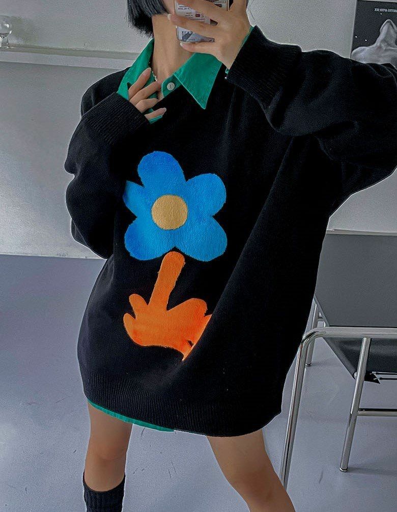 圓領花花圖案針織衫 3.14-047T