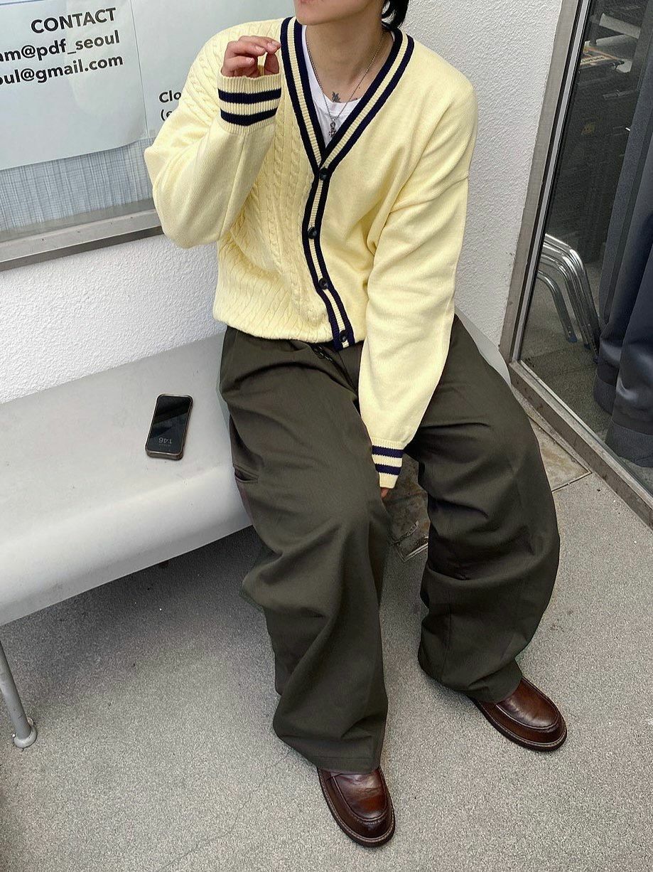 拼色V領開胸針織外套 3.14-055JK