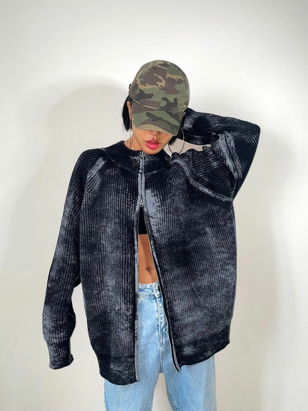 仿污圓領開胸針織外套 3.14-062JK