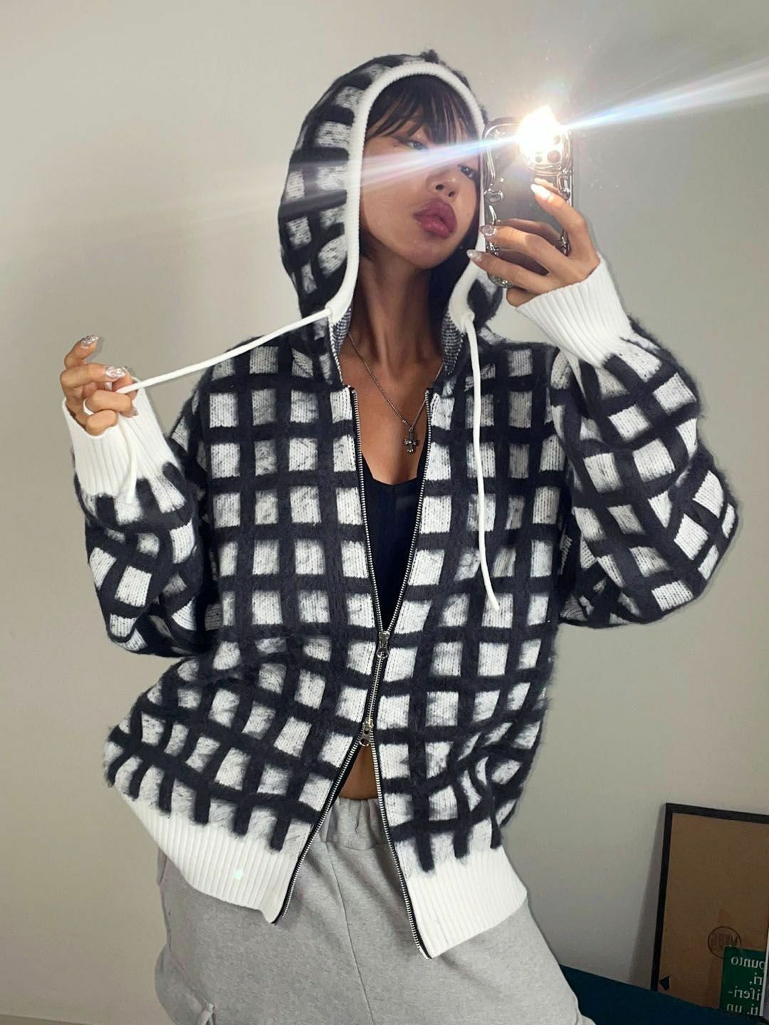 格仔連帽拉鍊針織外套 3.14-063JK