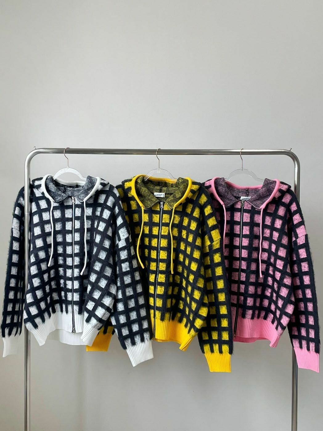 格仔連帽拉鍊針織外套 3.14-063JK