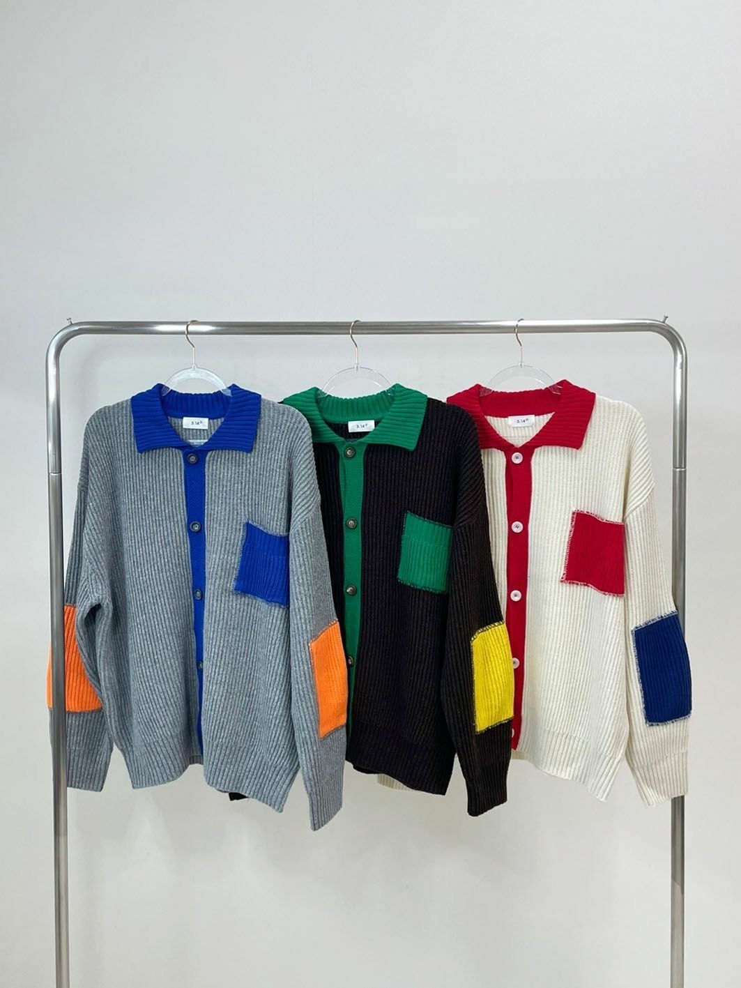 拼色反領開胸針織外套 3.14-064JK