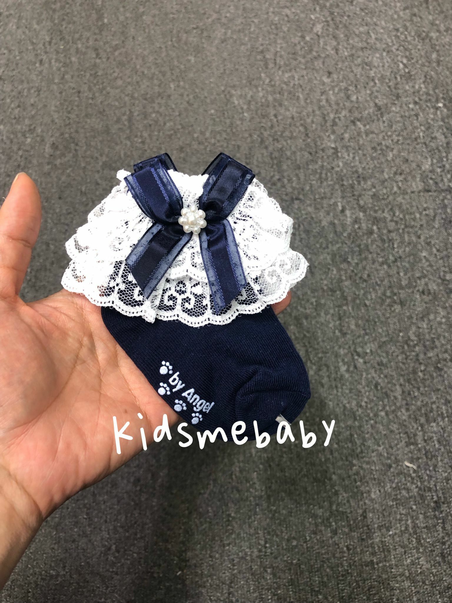 韓國制 深藍色蕾絲防滑襪 (10-12cm)