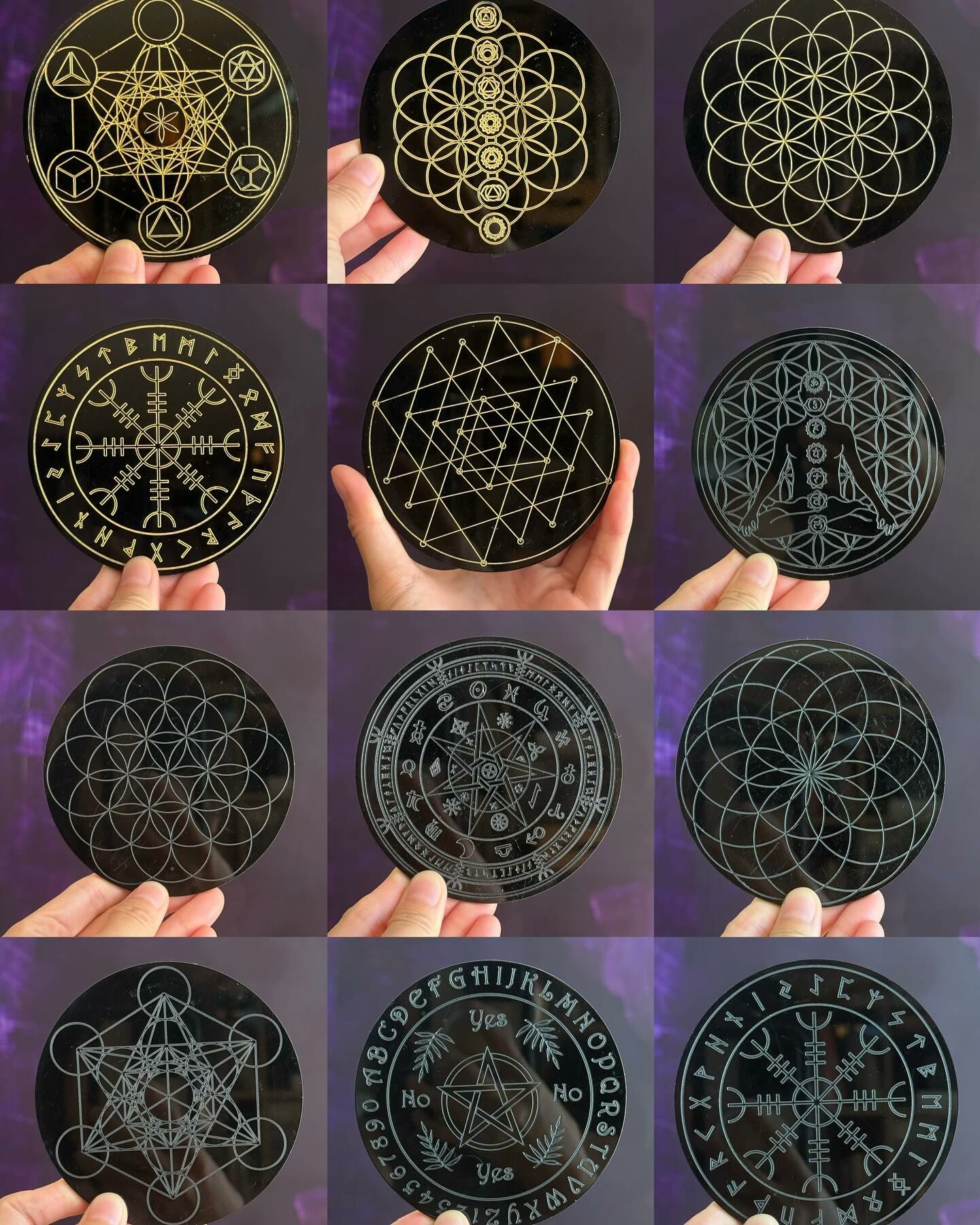 [原石] 靈性圖騰板 黑 塑膠材質 生命之花、梅特塔隆、七脈輪