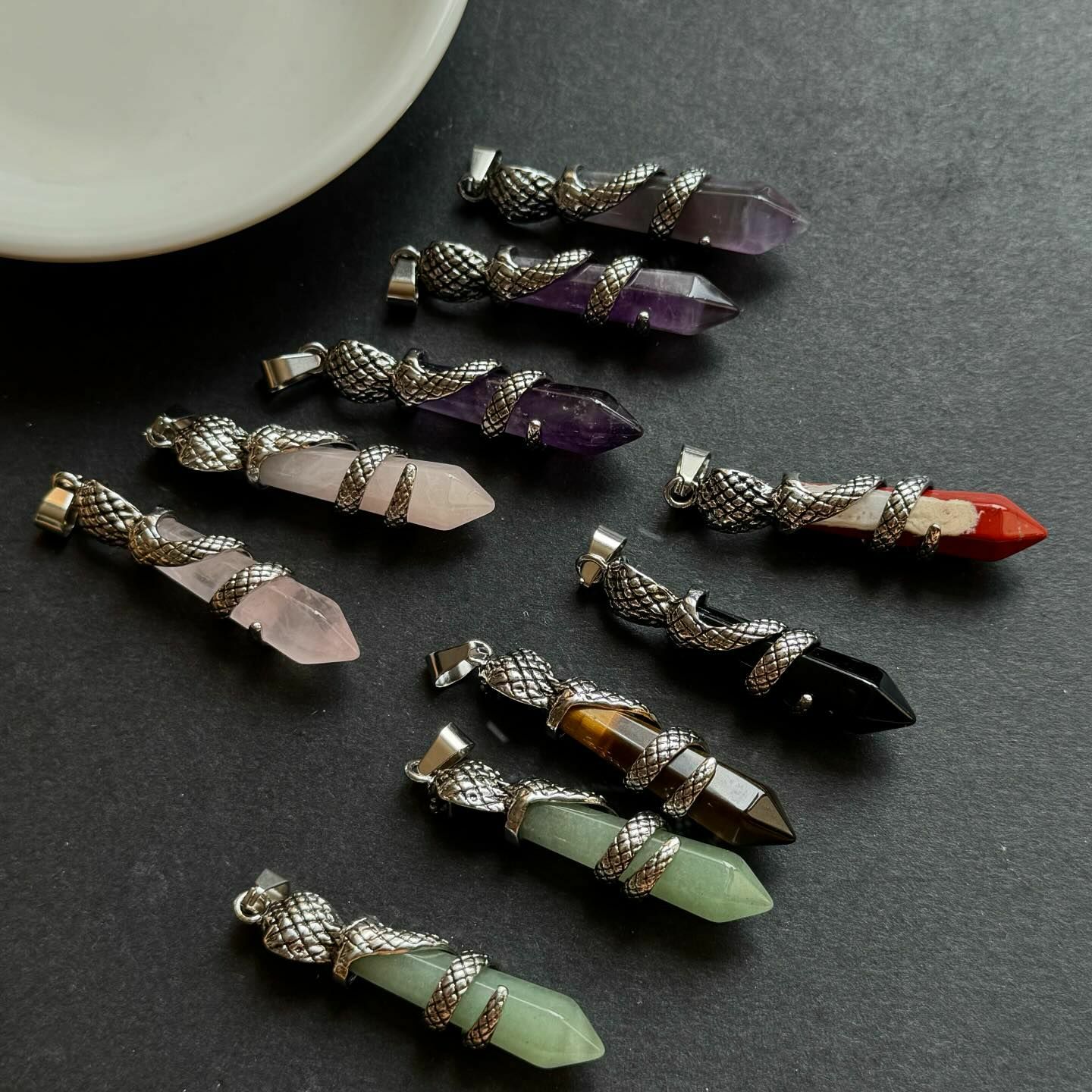 [原石] 水晶 靈擺吊墜 項鍊吊墜 粉晶、紫水晶、東菱玉、虎眼石、黑曜石、紅碧玉