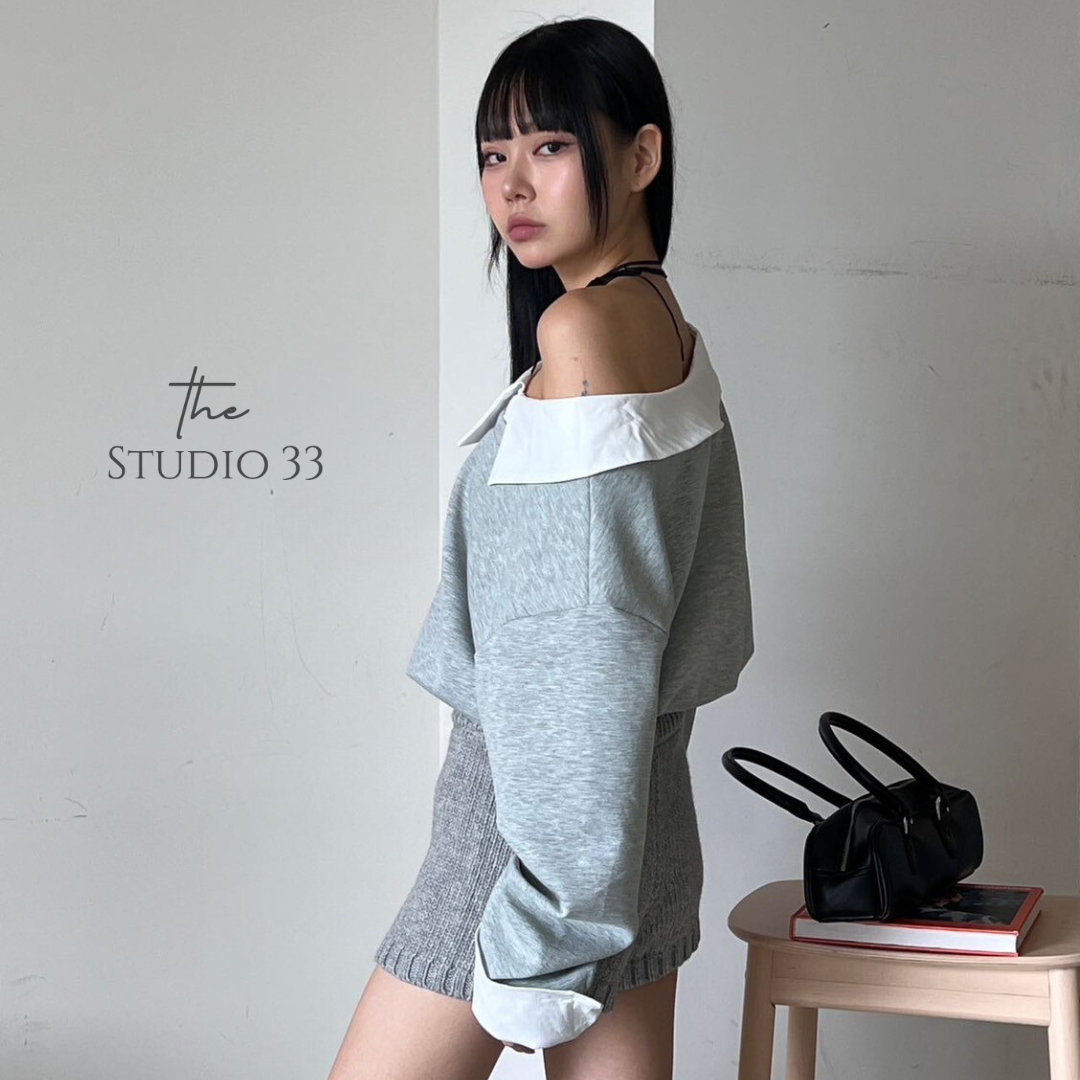 拼接圓領襯衫休閒上衣