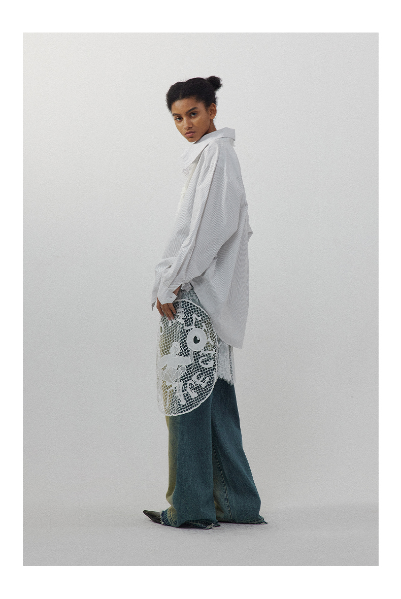 CONP 雷絲拼接牛仔水洗褲