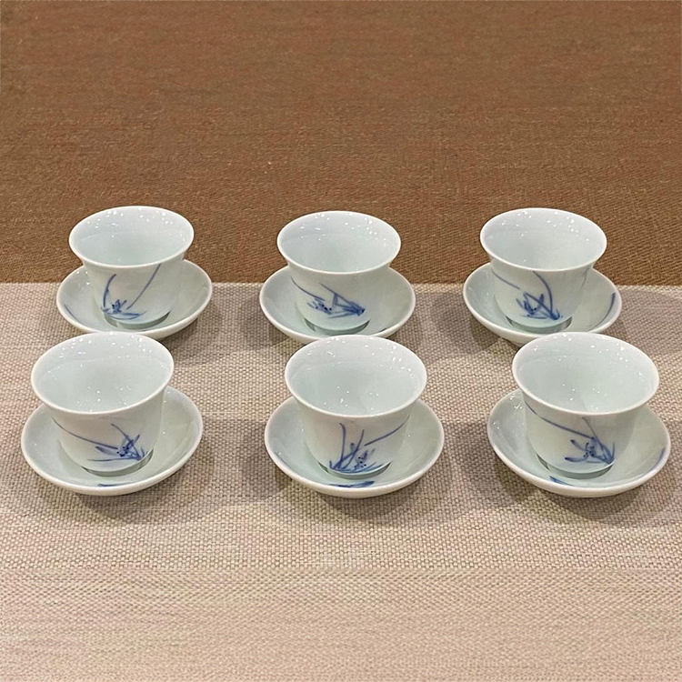茶香自在】曉芳窯蔡曉芳大師青花手繪蘭草品茗杯六個對杯禮盒裝手工茶具