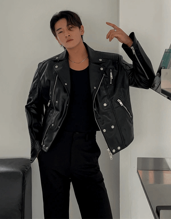 墊肩皮革騎士夾克外套