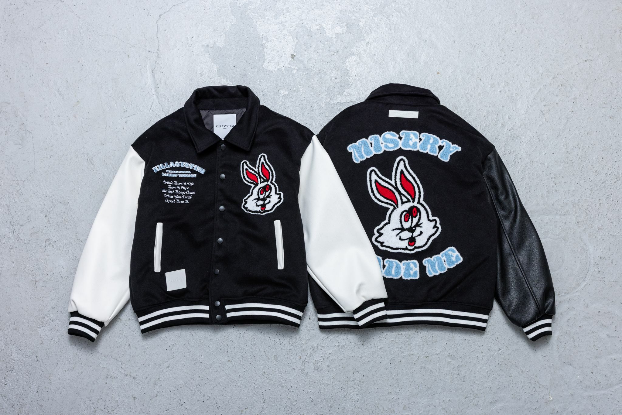 ON SALE" KILLASYSTEM RABBIT VERSION STADIUM JACKET (黑皮袖)