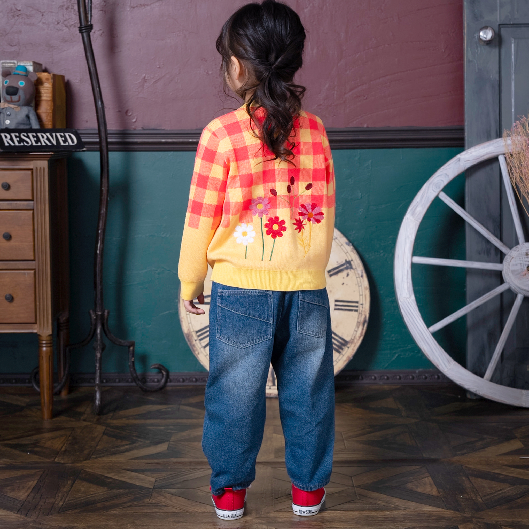 〖 Ami Amie 〗刺繡花格紋羊毛開襟外套