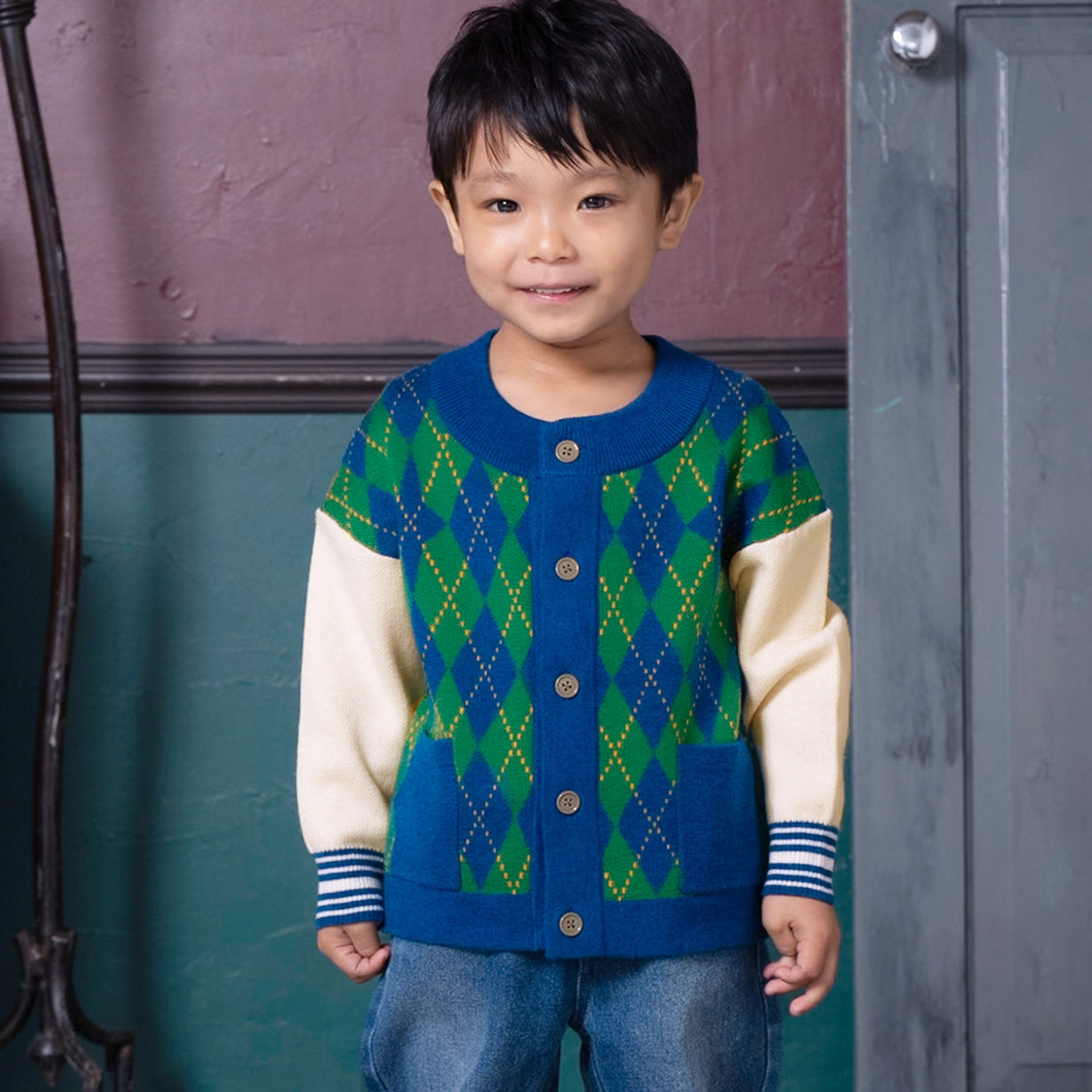 〖 Ami Amie 〗藍綠菱格紋羊毛開襟外套