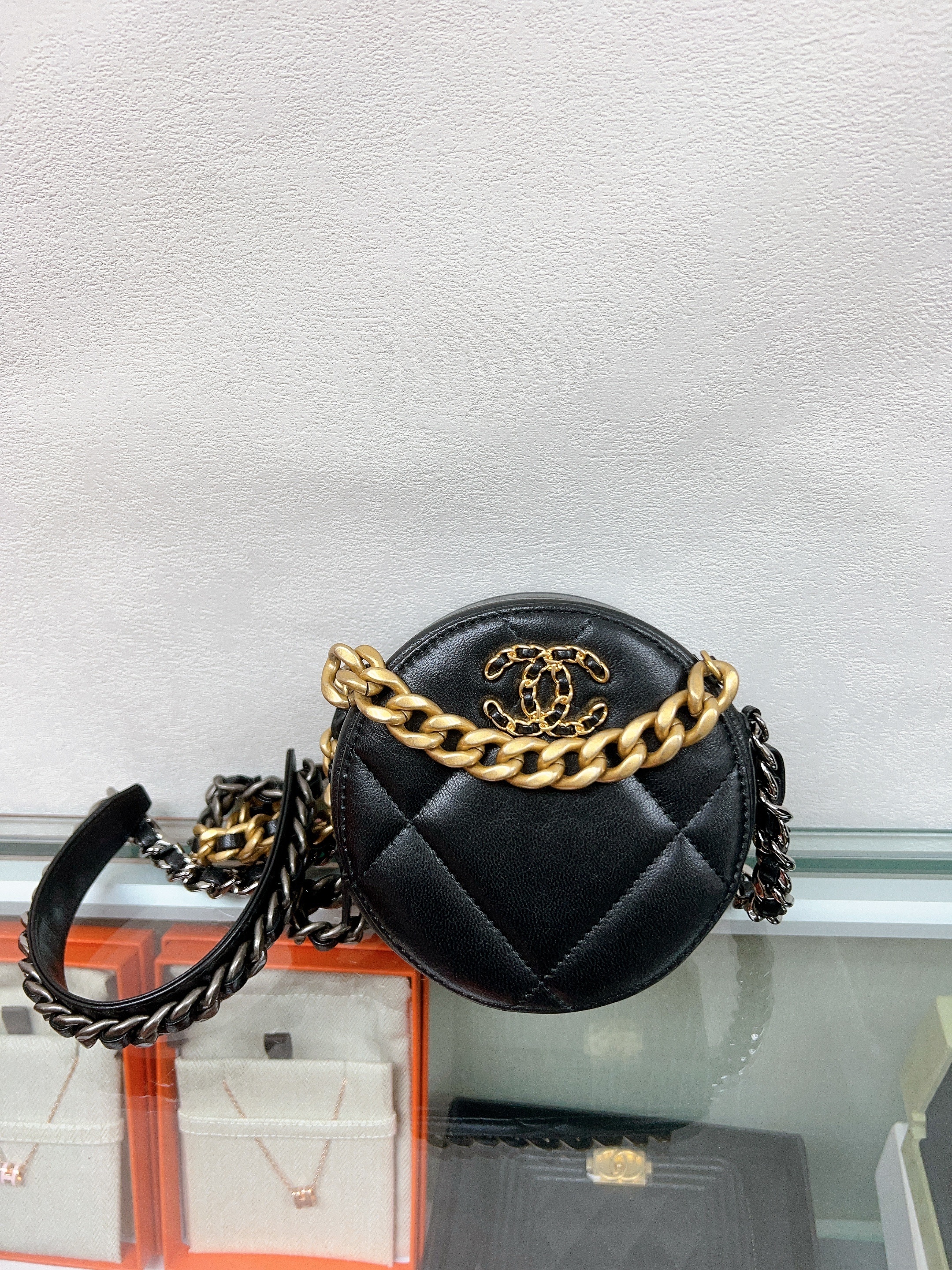 Chanel 19 mini round bag black