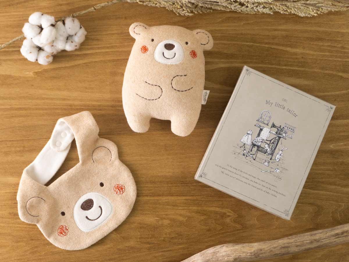 My Little Tailor - 有機棉日本BB熊仔搖鈴＋熊仔造型口水肩禮品套裝・自然杏色 (2件入)