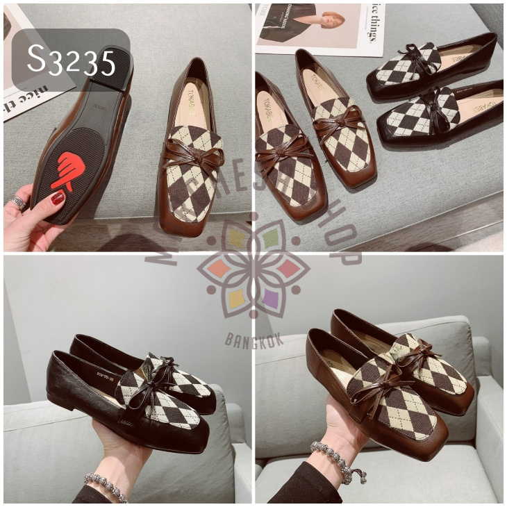 S3235 - 真皮牛皮古典格紋方頭平底鞋