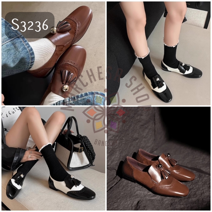 S3236 - 全真皮羊皮復古流蘇方頭平底鞋