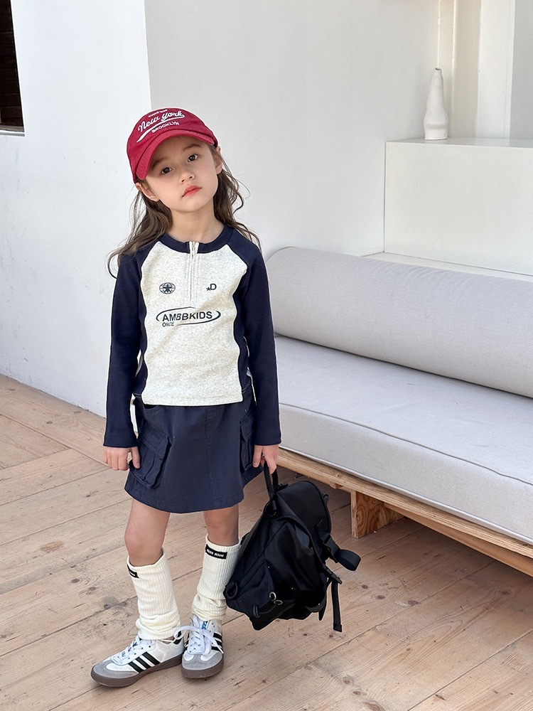 美式字母修身上衣/深藍工裝裙