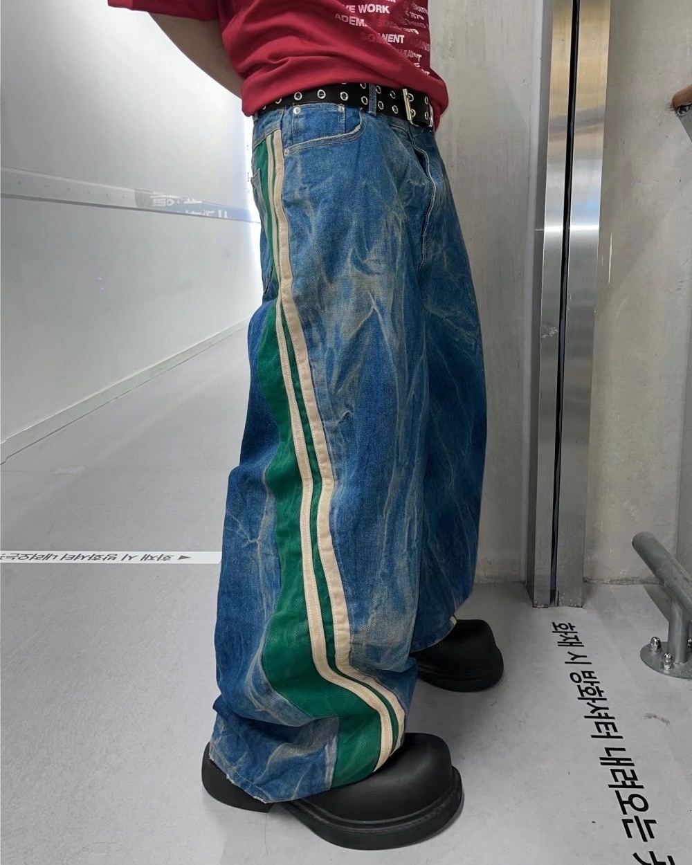 MIB 正韓選貨 舒華同款 水洗線條撞色 寬鬆 落地 牛仔褲