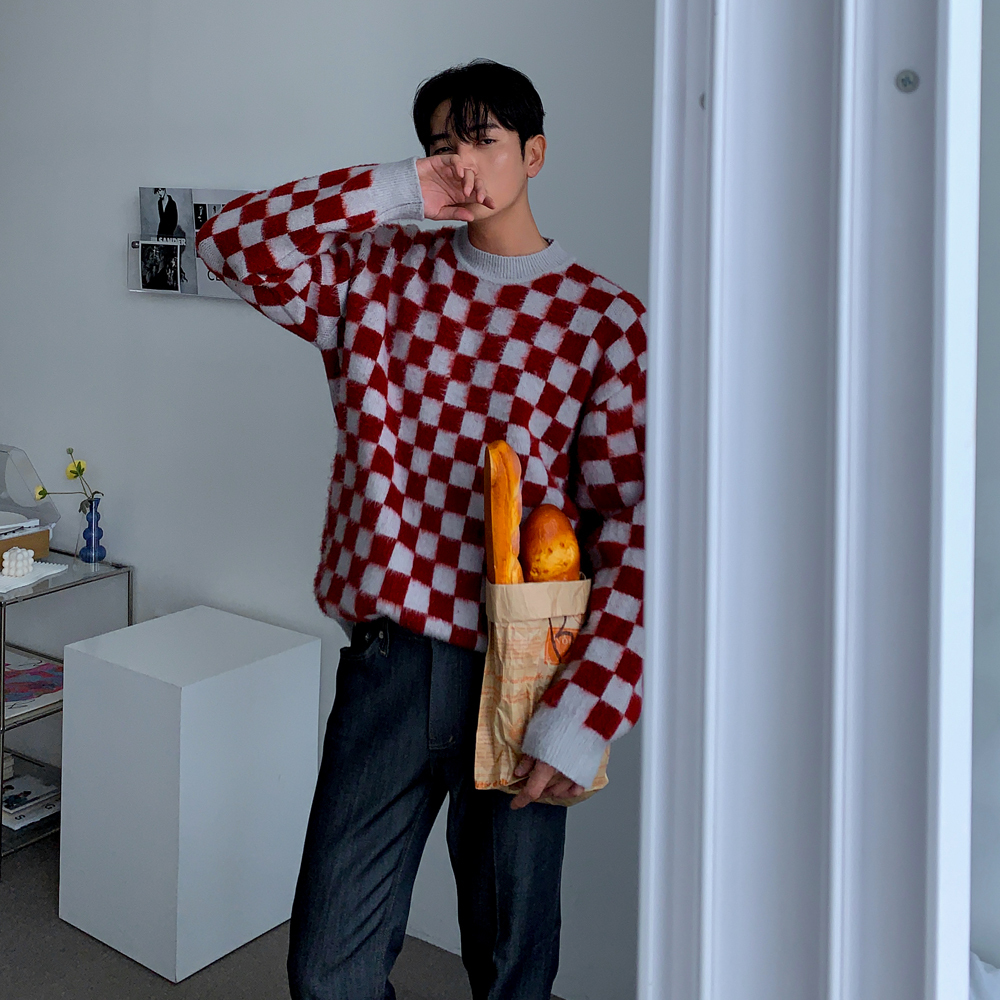 (韓國獨家特價)棋盤格刷馬海毛針織衫
