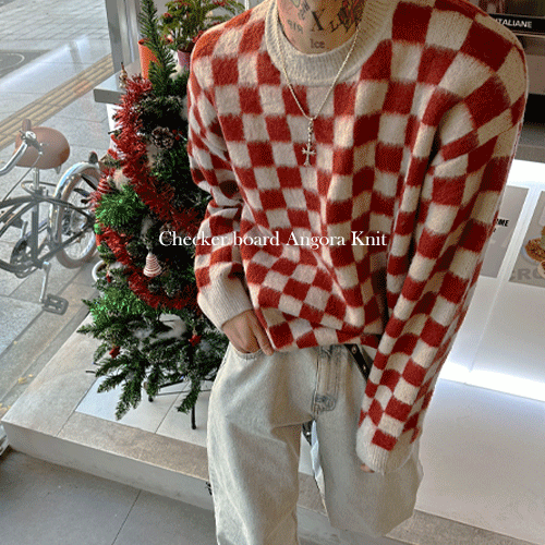 (韓國獨家特價)棋盤格刷馬海毛針織衫