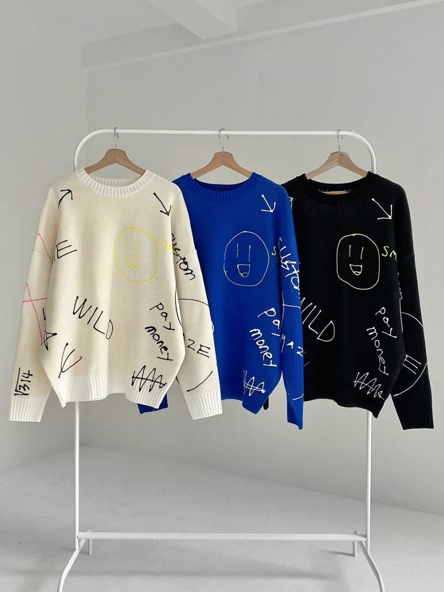 圓領哈哈笑圖案英文字針織衫 3.14-046T