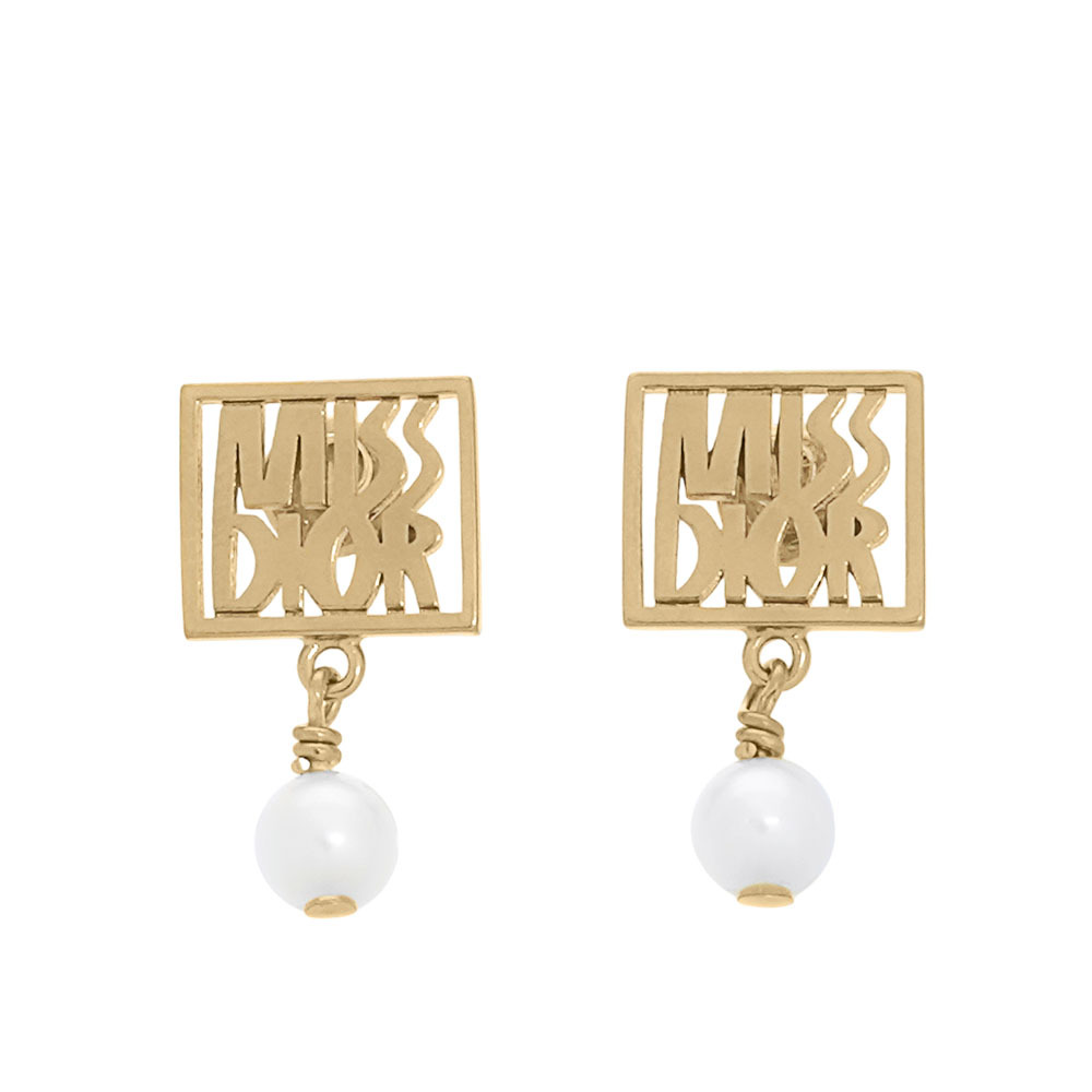 【CHRISTIAN DIOR】Miss Dior 方形標誌珍珠墜飾針式耳環